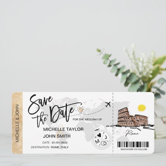 Save the Date Boarding Pass Rom Italien Einladung (Stehend Vorderseite)