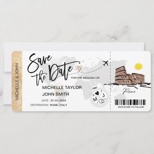 Save the Date Boarding Pass Rom Italien Einladung (Vorderseite)
