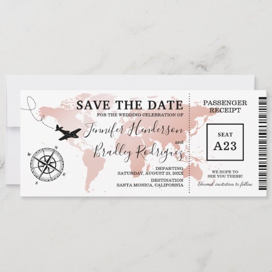 Save the Date Boarding Pass Rose Gold Karte Einlad (Vorderseite)