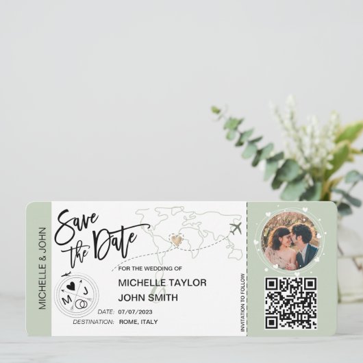 Save the Date Boarding Pass Simple World Map QR Einladung (Stehend Vorderseite)