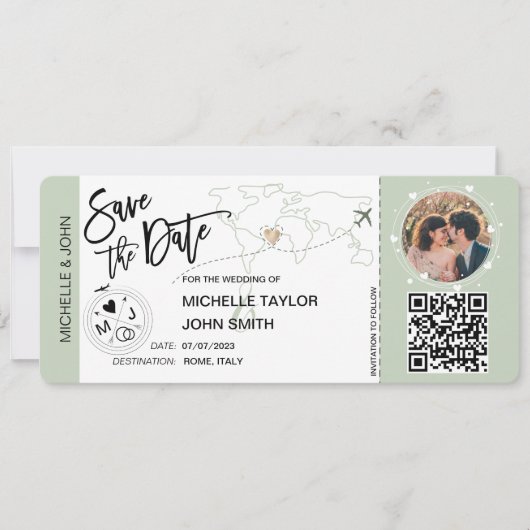 Save the Date Boarding Pass Simple World Map QR Einladung (Vorderseite)