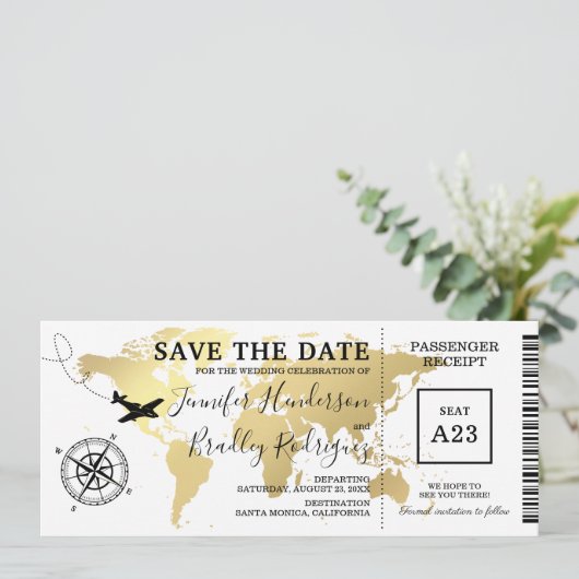 Save the Date Boarding Pass Weltkarte (Stehend Vorderseite)