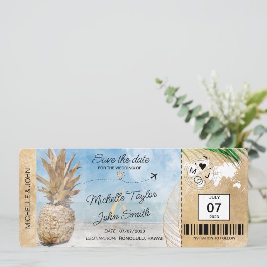 Save the Date Boarding Pass World Map Ananas in Einladung (Stehend Vorderseite)