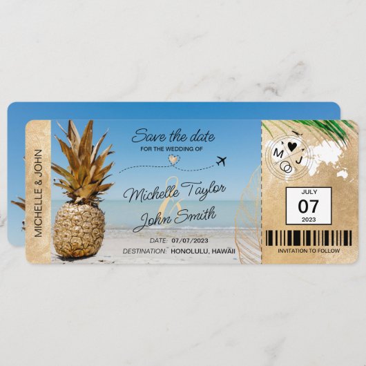 Save the Date Boarding Pass World Map Ananas in Einladung (Vorne/Hinten)