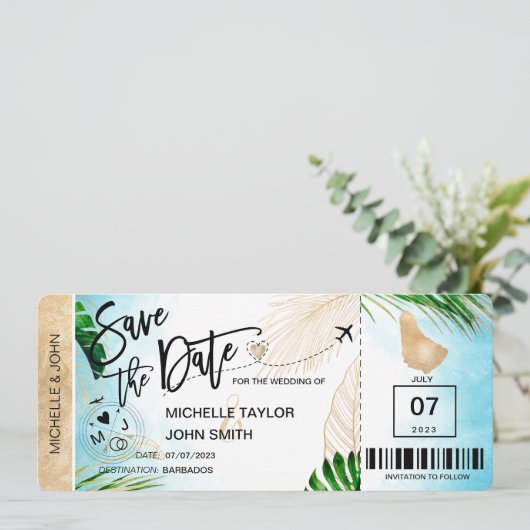 Save the Date Boarding Pass World Map Barbados Einladung (Stehend Vorderseite)