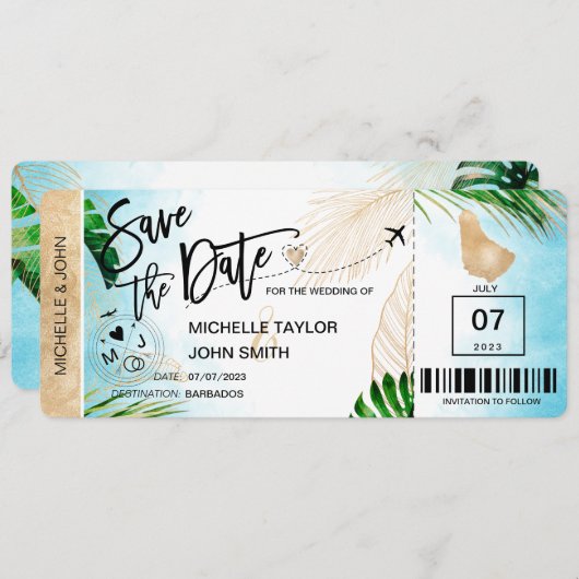 Save the Date Boarding Pass World Map Barbados Einladung (Vorne/Hinten)
