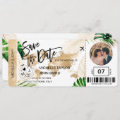 Save the Date Boarding Pass World Map Beach Foto Einladung (Vorne/Hinten)