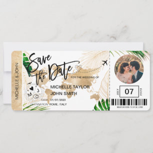 Save the Date Boarding Pass World Map Beach Foto Einladung
