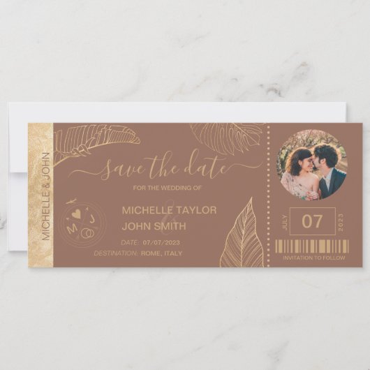 Save the Date Boarding Pass World Map Beach Foto Einladung (Vorderseite)
