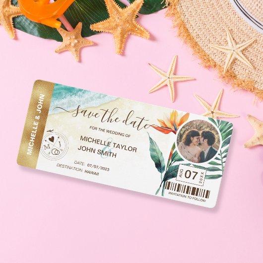 Save the Date Boarding Pass World Map Beach Foto Einladung