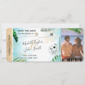 Save the Date Boarding Pass World Map Beach Foto Einladung (Vorderseite)