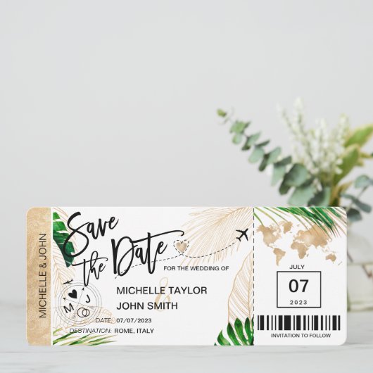 Save the Date Boarding Pass World Map Beach Invita Einladung (Stehend Vorderseite)
