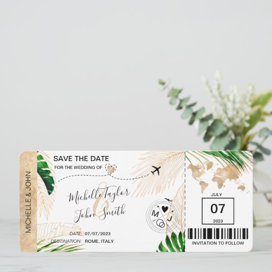 Save the Date Boarding Pass World Map Beach Invita Einladung (Stehend Vorderseite)