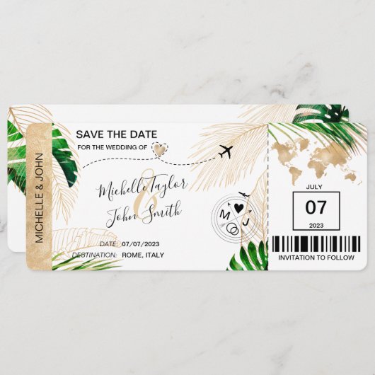 Save the Date Boarding Pass World Map Beach Invita Einladung (Vorne/Hinten)