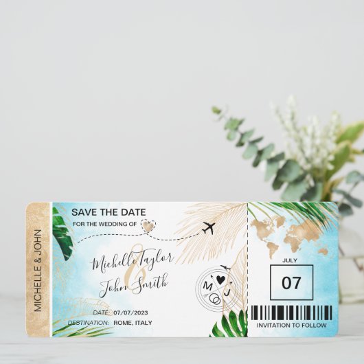 Save the Date Boarding Pass World Map Beach Invita Einladung (Stehend Vorderseite)