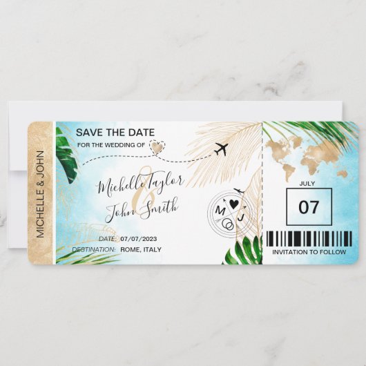 Save the Date Boarding Pass World Map Beach Invita Einladung (Vorderseite)