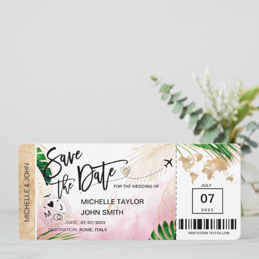 Save the Date Boarding Pass World Map Beach Invita Einladung (Stehend Vorderseite)