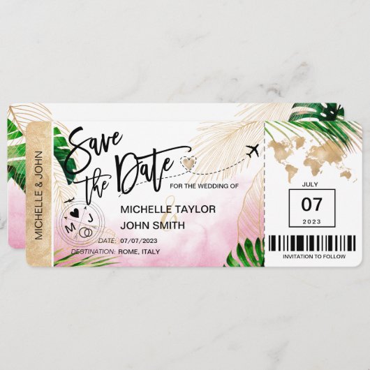 Save the Date Boarding Pass World Map Beach Invita Einladung (Vorne/Hinten)