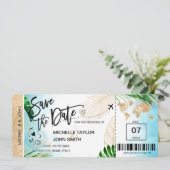 Save the Date Boarding Pass World Map Beach Invita Einladung (Stehend Vorderseite)
