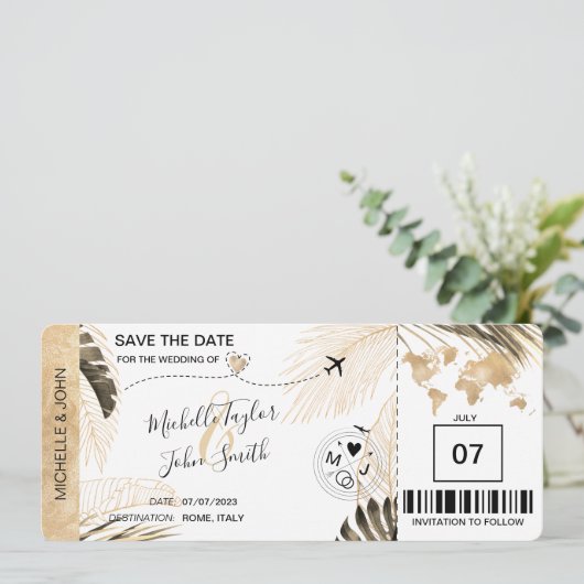 Save the Date Boarding Pass World Map Beach Rett Einladung (Stehend Vorderseite)