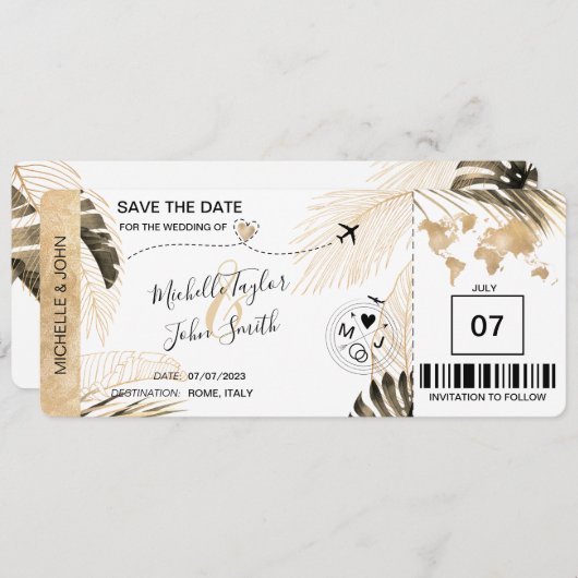 Save the Date Boarding Pass World Map Beach Rett Einladung (Vorne/Hinten)