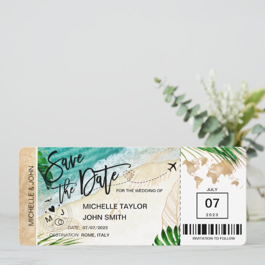 Save the Date Boarding Pass World Map Island Einladung (Stehend Vorderseite)