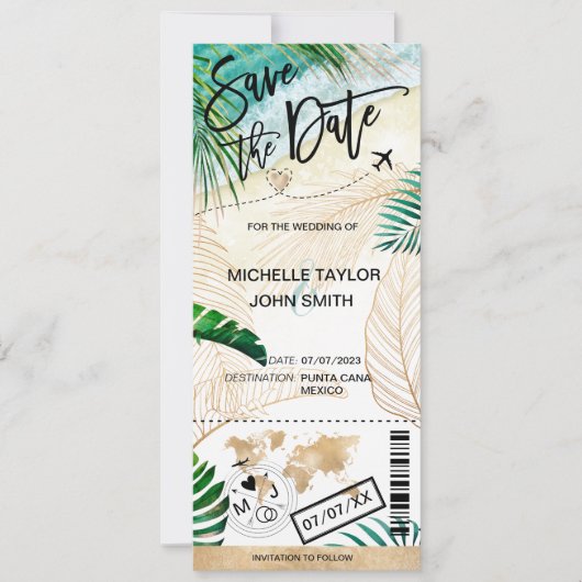 Save the Date Boarding Pass World Map Island Einladung (Vorderseite)