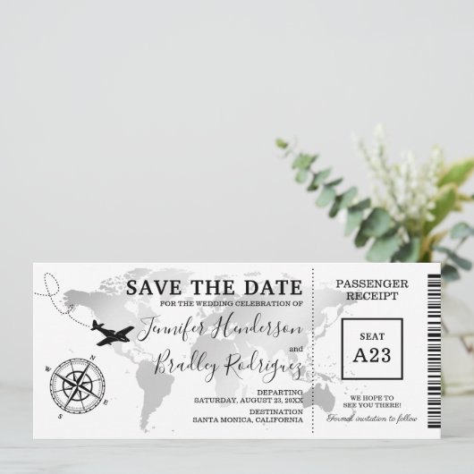 Save the Date Boarding Pass World Map Ticket (Stehend Vorderseite)
