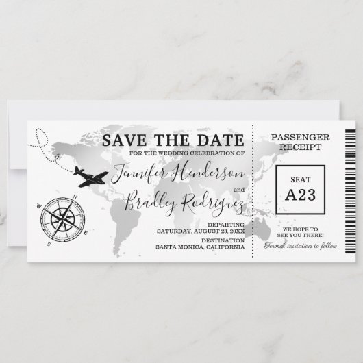 Save the Date Boarding Pass World Map Ticket (Vorderseite)