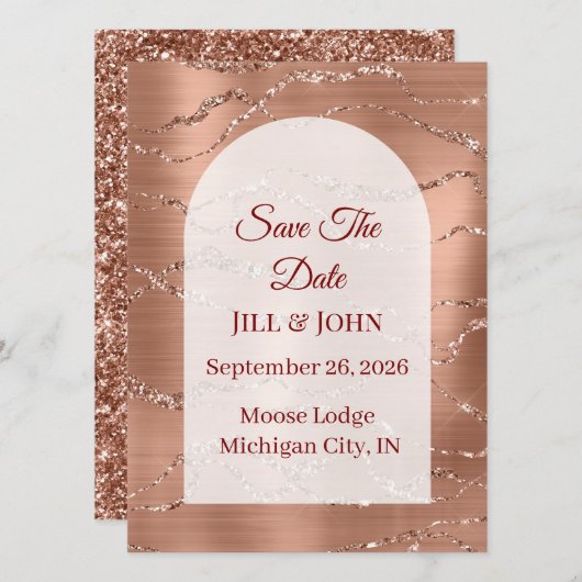 Save The Date Bogenförmige Hochzeit Roségold Karte (Vorne/Hinten)