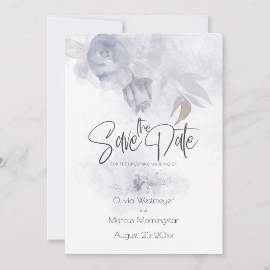 Save the Date Bohemisch Dusty Blue Floral Einladung (Vorderseite)