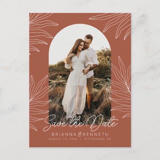 Save the Date Boho Arch Foto Terracotta Botanisch Postkarte (Vorderseite)