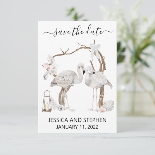 Save the Date Boho Flamingo Tropical (Stehend Vorderseite)