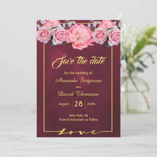 Save the Date bordeauxrosa Blumen Hochzeit (Stehend Vorderseite)
