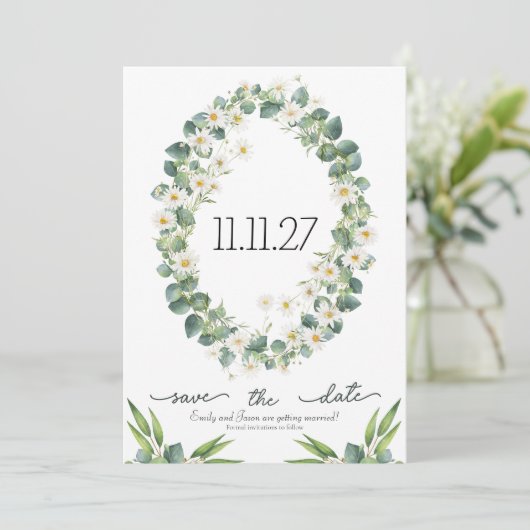 Save the Date botanischer Eukalyptus + daistisches (Stehend Vorderseite)