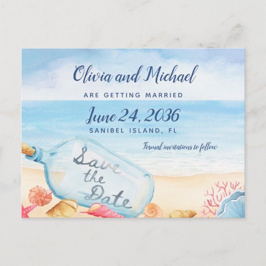 Save the Date Botschaft in Bottle Beach Hochzeit Ankündigungspostkarte (Vorderseite)