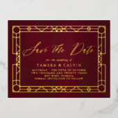 Save the Date Burgund Gold Dekorrahmen Folie Einladungspostkarte (Vorderseite)