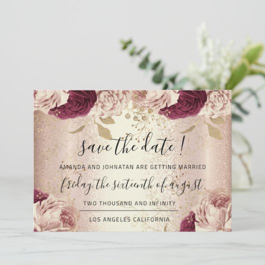 Save the Date Burgund Rose Gold Rose Marsala (Stehend Vorderseite)