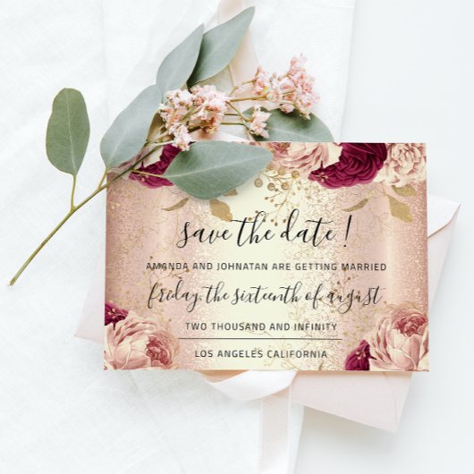 Save the Date Burgund Rose Gold Rose Marsala