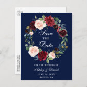 Save the Date Burgunder Blumenwreath-Blau Ankündigungspostkarte (Vorne/Hinten)