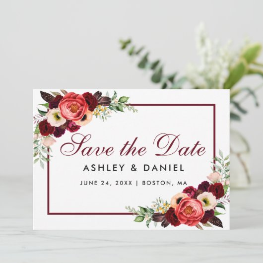 Save the Date Burgundy Bloral Card (Stehend Vorderseite)