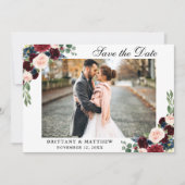 Save the Date Burgundy Blue Floral Foto Card Dankeskarte (Vorderseite)