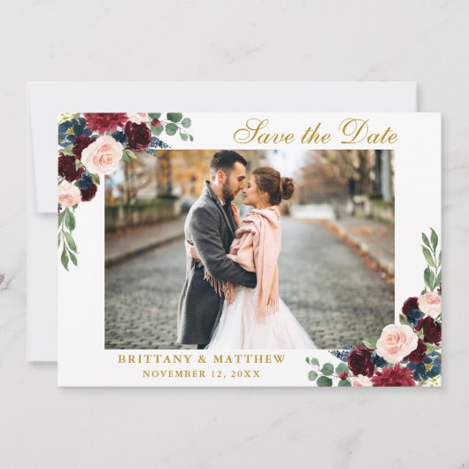 Save the Date Burgundy Blue Floral Foto Gold Card Dankeskarte (Vorderseite)