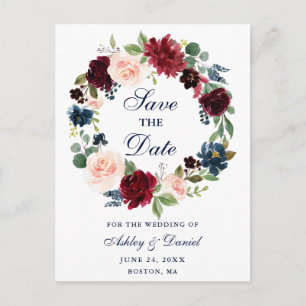 Save the Date Burgundy Blue Floral Wreath Ankündigungspostkarte