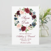 Save the Date Burgundy Blue Floral Wreath Card (Stehend Vorderseite)
