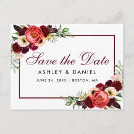 Save the Date Burgundy Floral Boho Ankündigungspostkarte