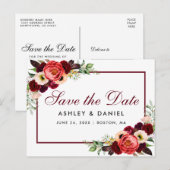 Save the Date Burgundy Floral Boho Ankündigungspostkarte (Vorne/Hinten)
