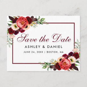 Save the Date Burgundy Floral Boho Ankündigungspostkarte