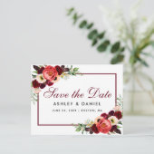 Save the Date Burgundy Floral Boho Ankündigungspostkarte (Stehend Vorderseite)