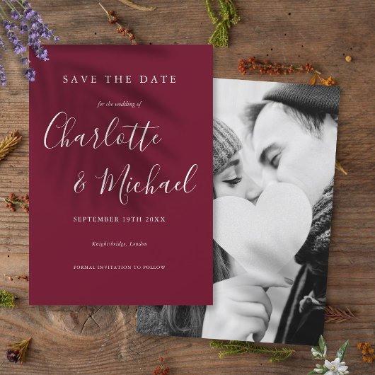 Save the Date Burgundy Foto Wedding Einladung
